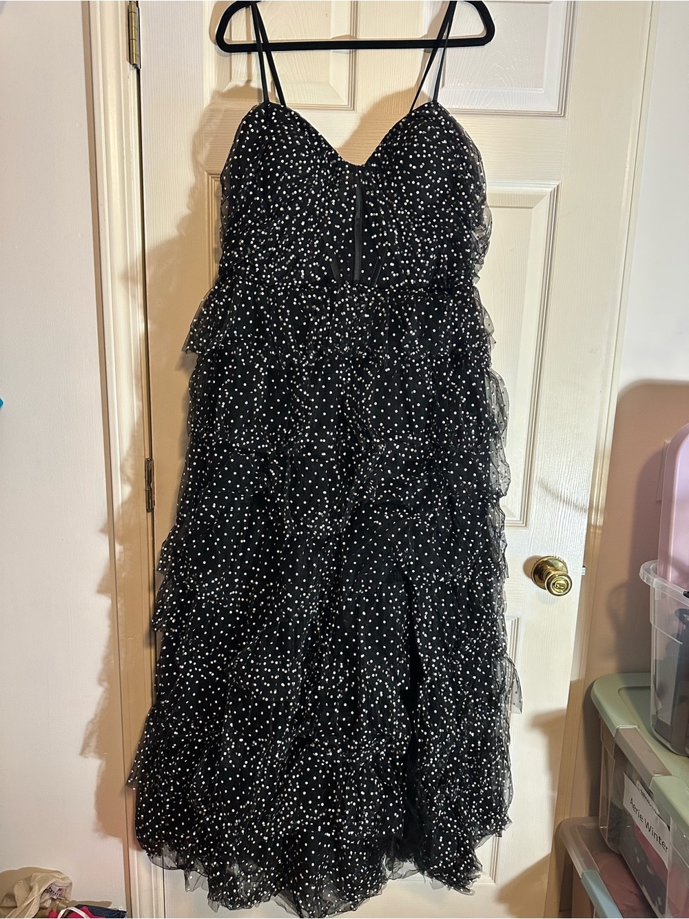 Black Polka Dot Ruffle Prom Dress with Spaghetti Straps